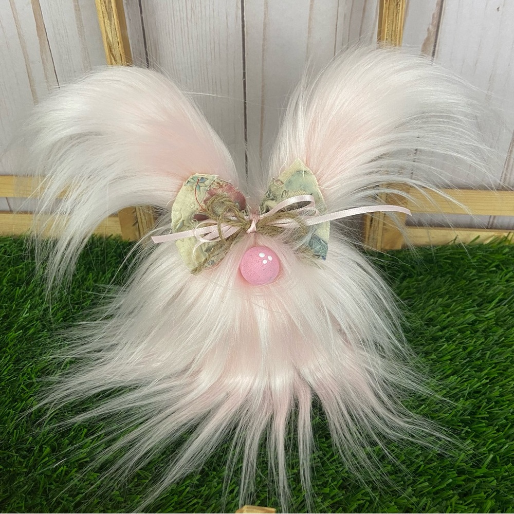 Pink Bunny Gnome Frazzled Silky Faux Fur Easter Spring Decor Vintage Quilt Bow